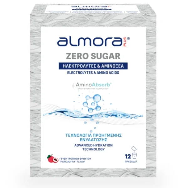 Almora Plus Zero Sugar Electrolytes & Amino Acids Συμπλήρωμα Διατροφής Ηλεκτρολυτών, Αμινοξέων & Βιταμίνης C για την Ενυδάτωση του Οργανισμού με Γεύση Τροπικού Φρούτου Χωρίς Ζάχαρη 12 Sachets