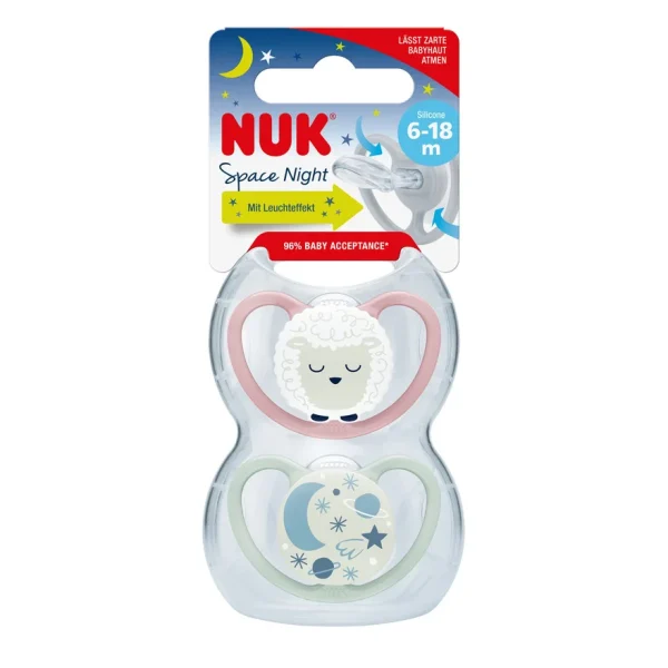 Nuk Space Πιπίλες Σιλικόνης Νυκτός με Θήκη Ροζ για 6-18 μηνών 2τμχ