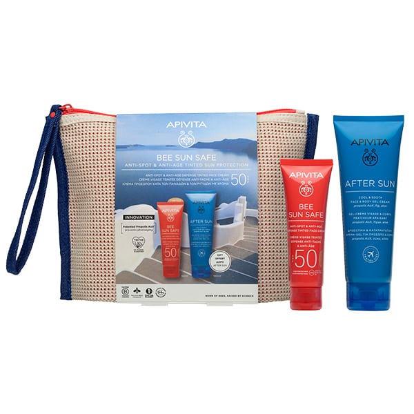 Apivita Promo Bee Sun Safe Anti-Spot & Anti-Age Tinted Face Cream Κρέμα Προσώπου Κατά των Πανάδων & των Ρυτίδων SPF50 με Χρώμα Tinted, 50ml & Δώρο After Sun Δροσιστική & Καταπραϋντική Κρέμα-Gel για Πρόσωπο & Σώμα, 100ml, & Δώρο Νεσεσέρ, 1σετ