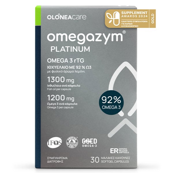 OLONEA Omegazym Platinum Ιχθυέλαιο 30caps, με Μέγιστη Περιεκτικότητα Ω3 Λιπαρών Οξέων 92% 30 κάψουλες