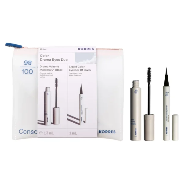 Korres Promo Color Drama Eyes Duo με Drama Volume Mascara Μάσκαρα για Έντονο Μήκος & Όγκο - 01 Black, 13ml & Liquid Color Eyeliner Μαύρο - 01 Black, 1ml & Δώρο Νεσεσέρ, 1τεμ, 1σετ