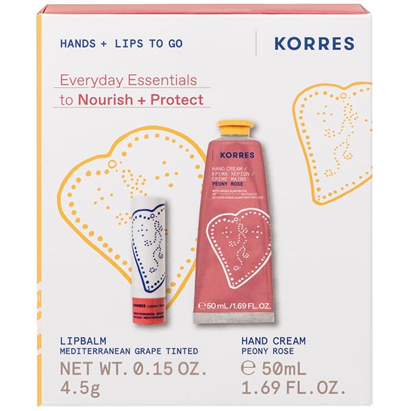 Korres Promo Hands + Lips To Go με Peony Rose Κρέμα Χεριών, 50ml & Lip Balm Grape Tinted Bάλσαμο Χειλιών, 4.5g, 1σετ