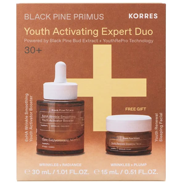 Korres Promo Black Pine Primus Youth Activating Expert Duo με Black Pine Primus 6xHA Wrinkle Smoothing Youth Activator Booster Ορός Ενεργοποίησης Νεότητας, 30ml & Δώρο Youth Renewal Sleeping Facial Κρέμα Νύχτας για Λείανση Ρυτίδων, 15ml, 1σετ