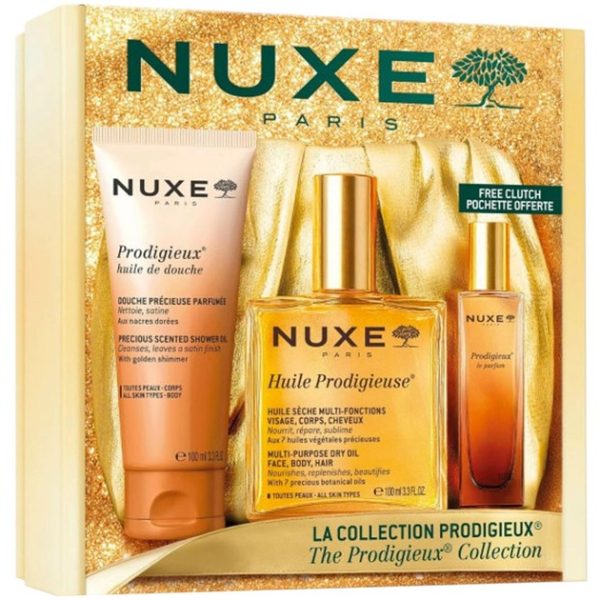 Nuxe Promo Huile Prodigieuse Multi Purpose Dry Oil Or Ενυδατικό Λάδι 100ml & Prodigieux Floral Αφρόλουτρο 100ml & Prodigieux Le Parfum Spray 15ml & Δώρο Clutch Pochette 1 Τεμάχιο